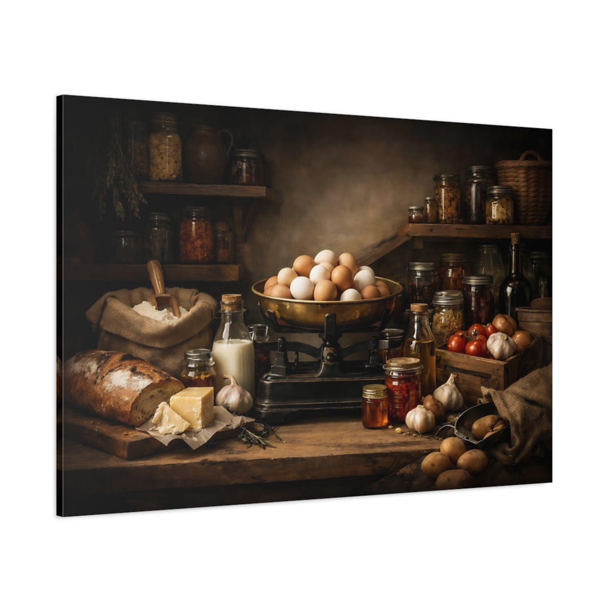 Dark Dramatic Farmhouse Pantry shown as stretched canvas wall art