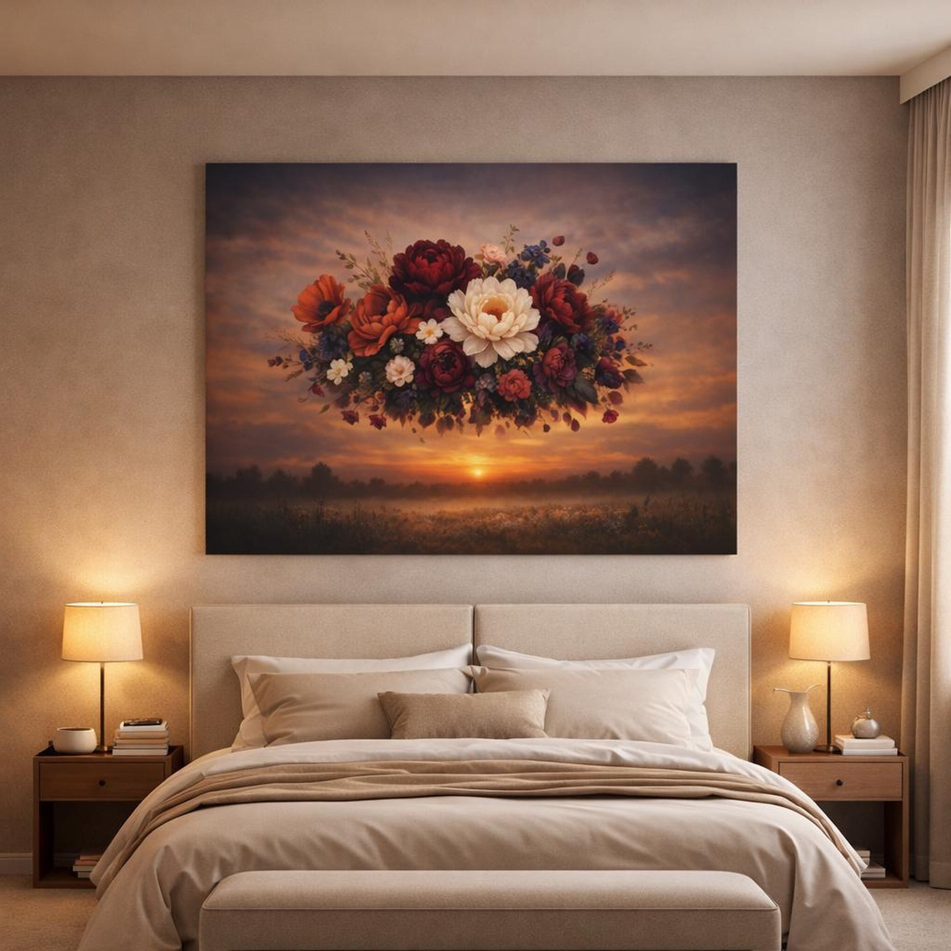 Dark Dramatic Flowers Sunset shown as canvas wall art in a luxury bedroom