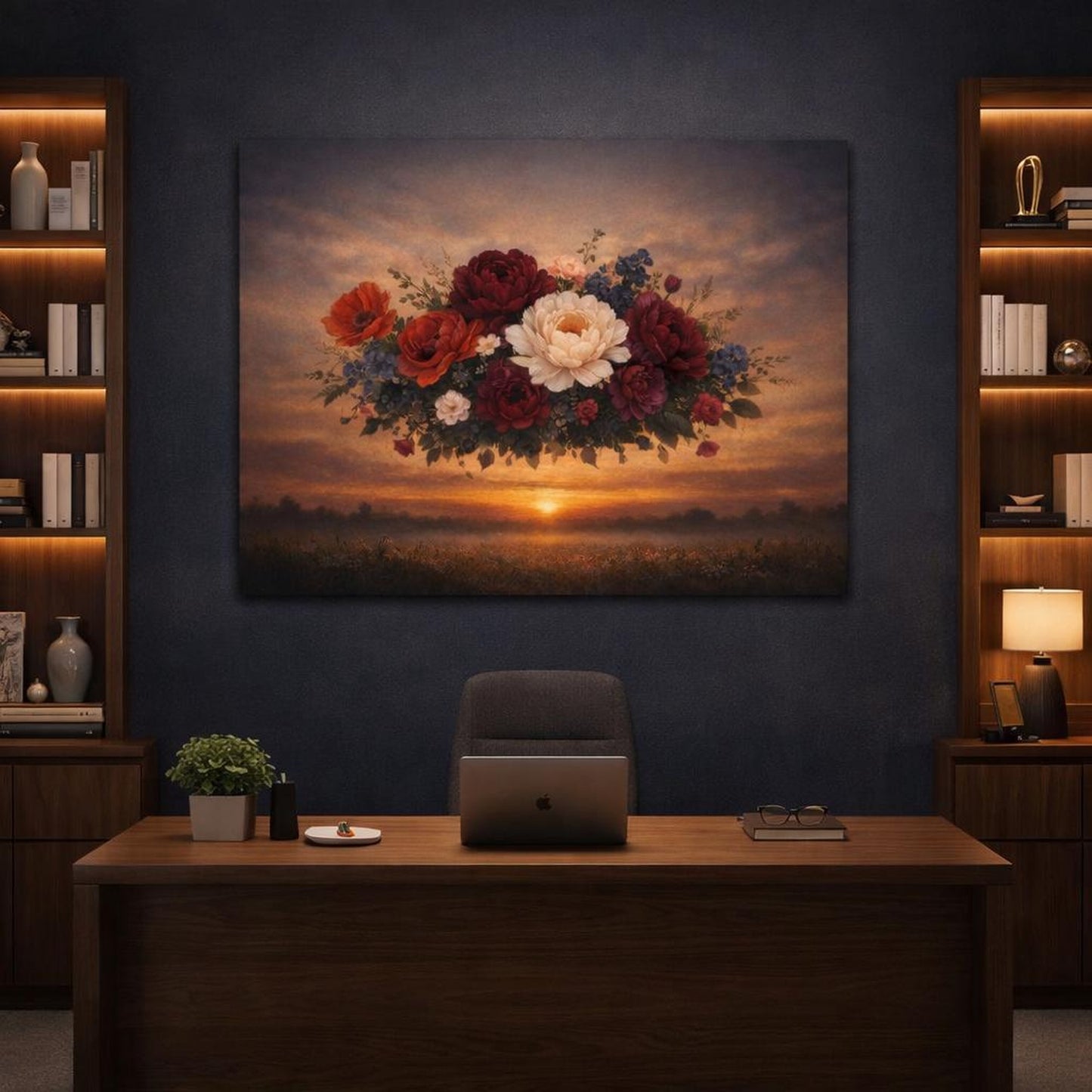 Dark Dramatic Flowers Sunset shown as canvas wall art in a luxury executive office
