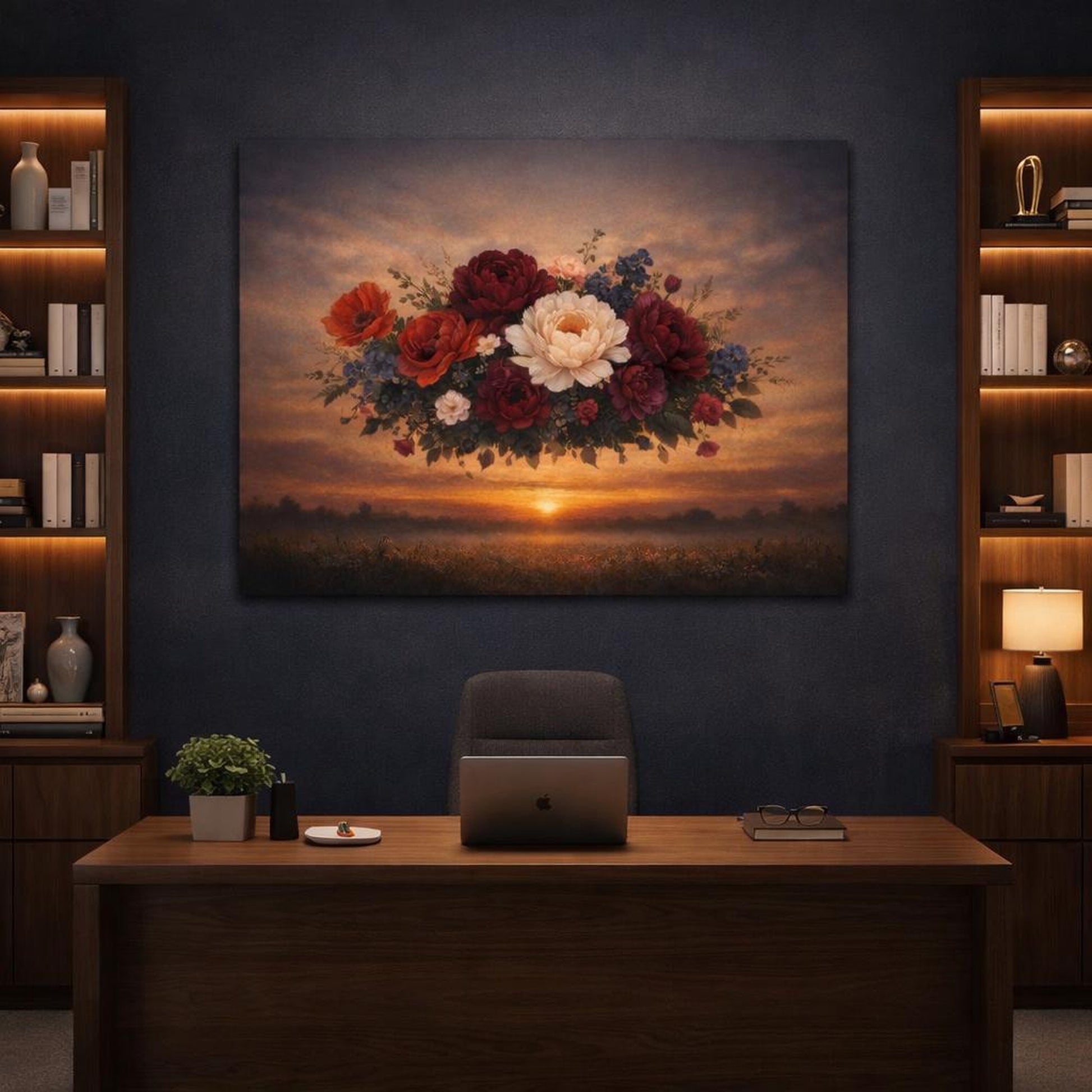 Dark Dramatic Flowers Sunset shown as canvas wall art in a luxury executive office