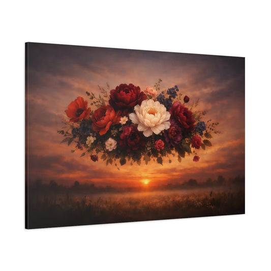 Dark Dramatic Flowers Sunset shown as stretched canvas wall art