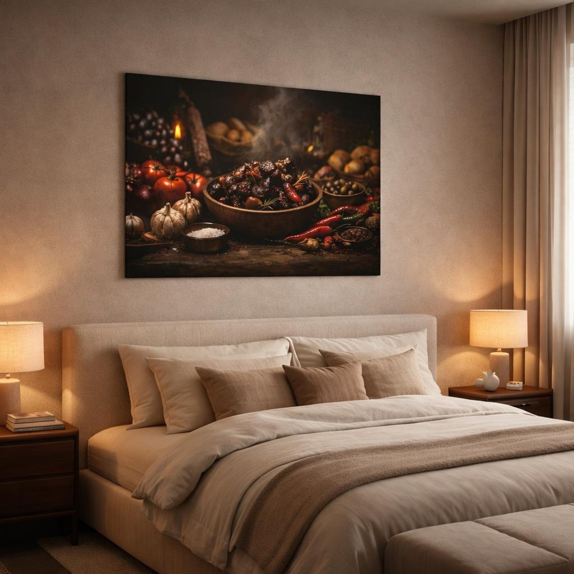 Dark Dramatic Food Market shown as canvas wall art in a luxury bedroom
