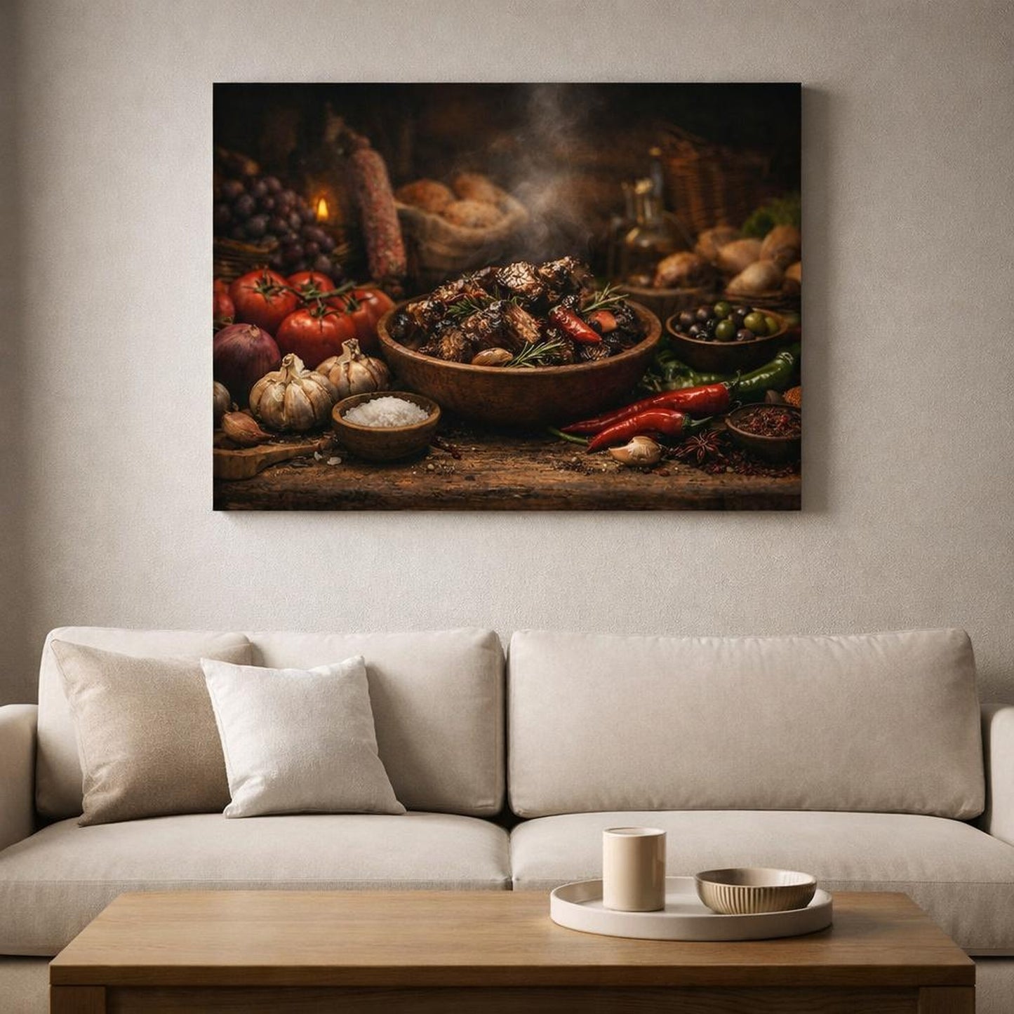Dark Dramatic Food Market shown as canvas wall art in an elegant contemporary kitchen