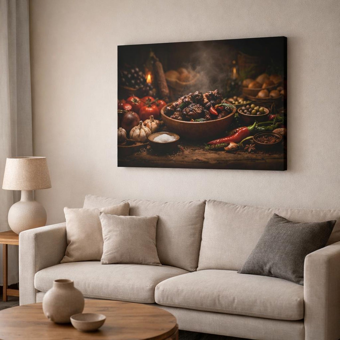 Dark Dramatic Food Market shown as canvas wall art in a modern living room