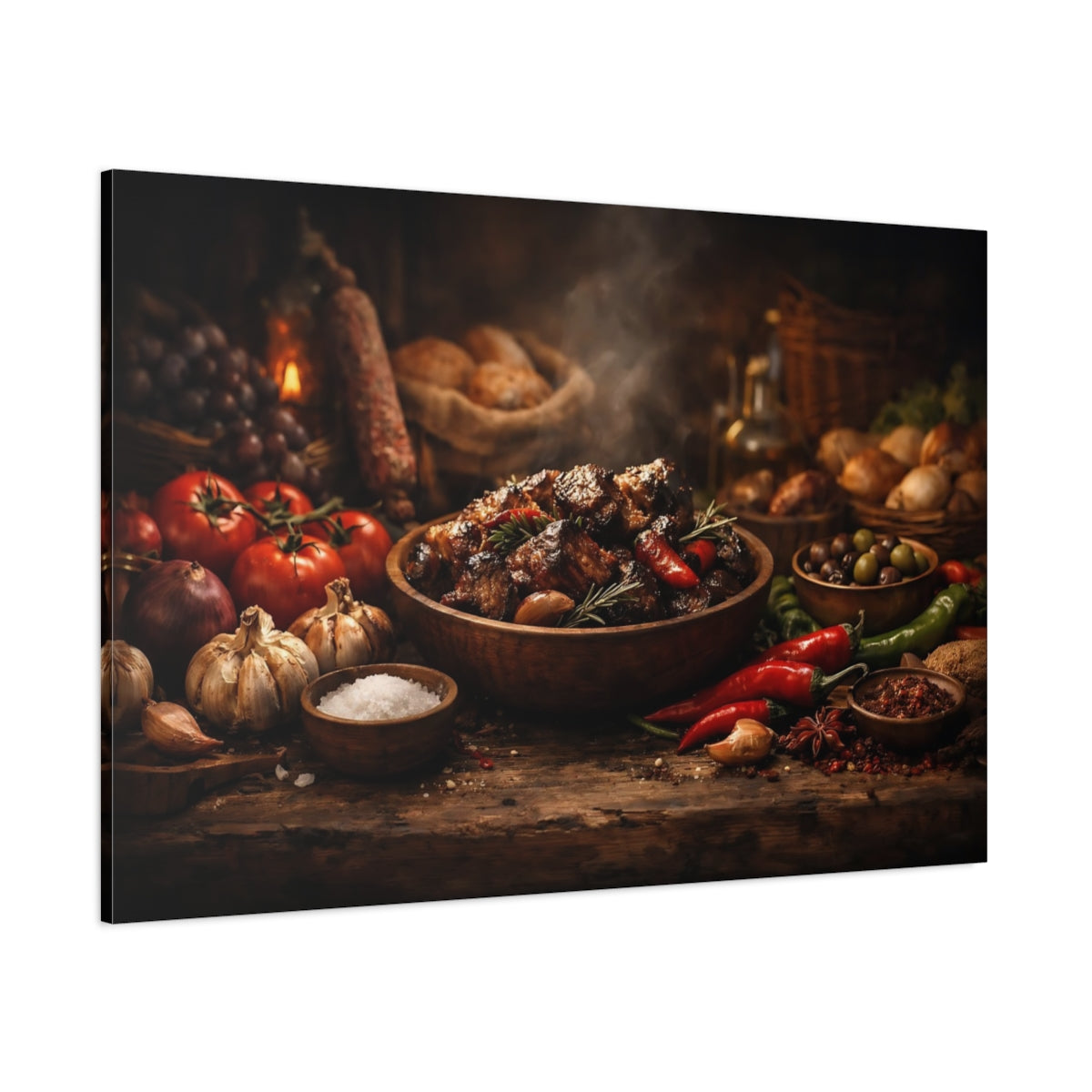 Dark Dramatic Food Market shown as stretched canvas wall art
