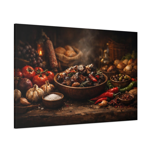 Dark Dramatic Food Market shown as stretched canvas wall art
