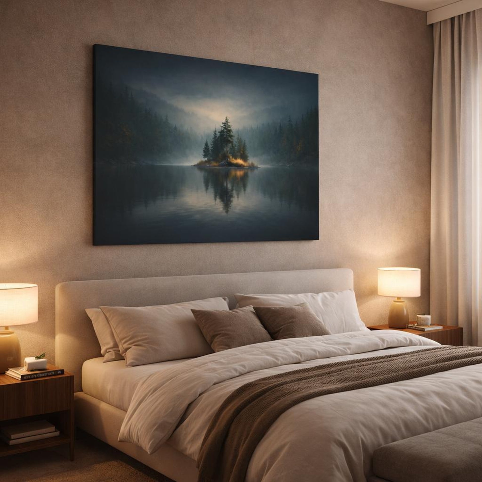 Dark Dramatic Forest Lake shown as canvas wall art in a luxury bedroom
