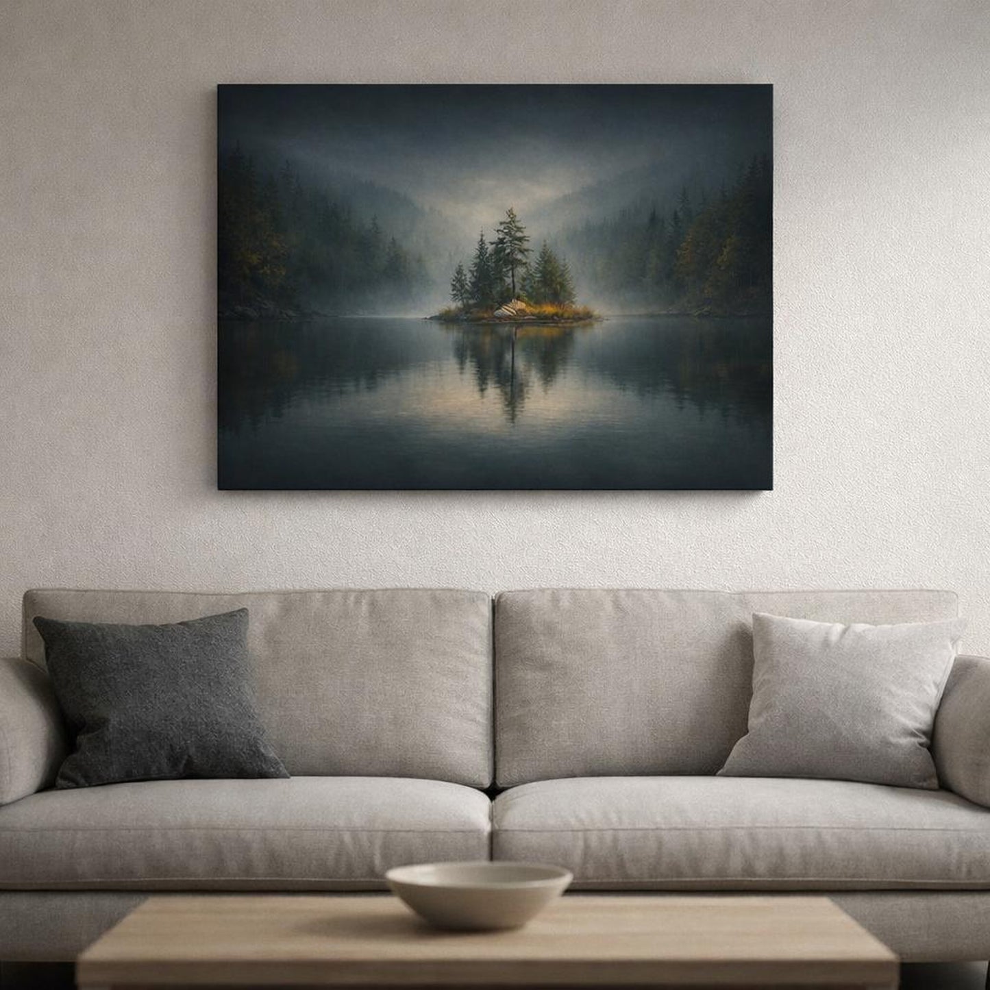 Dark Dramatic Forest Lake shown as canvas wall art in a luxury executive office