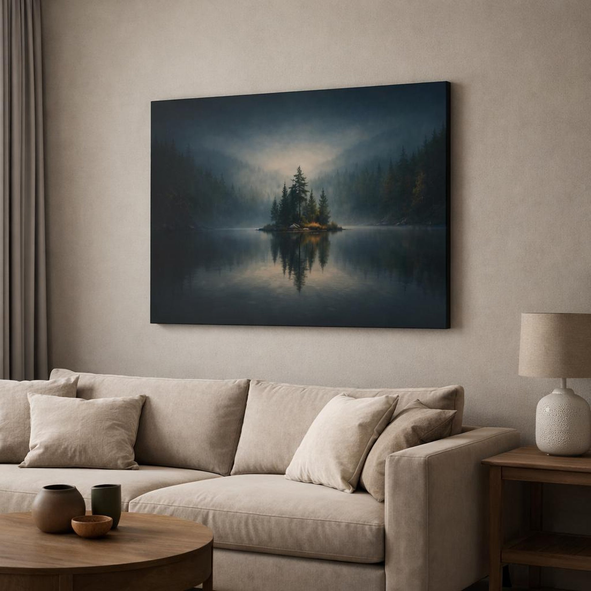 Dark Dramatic Forest Lake shown as canvas wall art in a modern living room