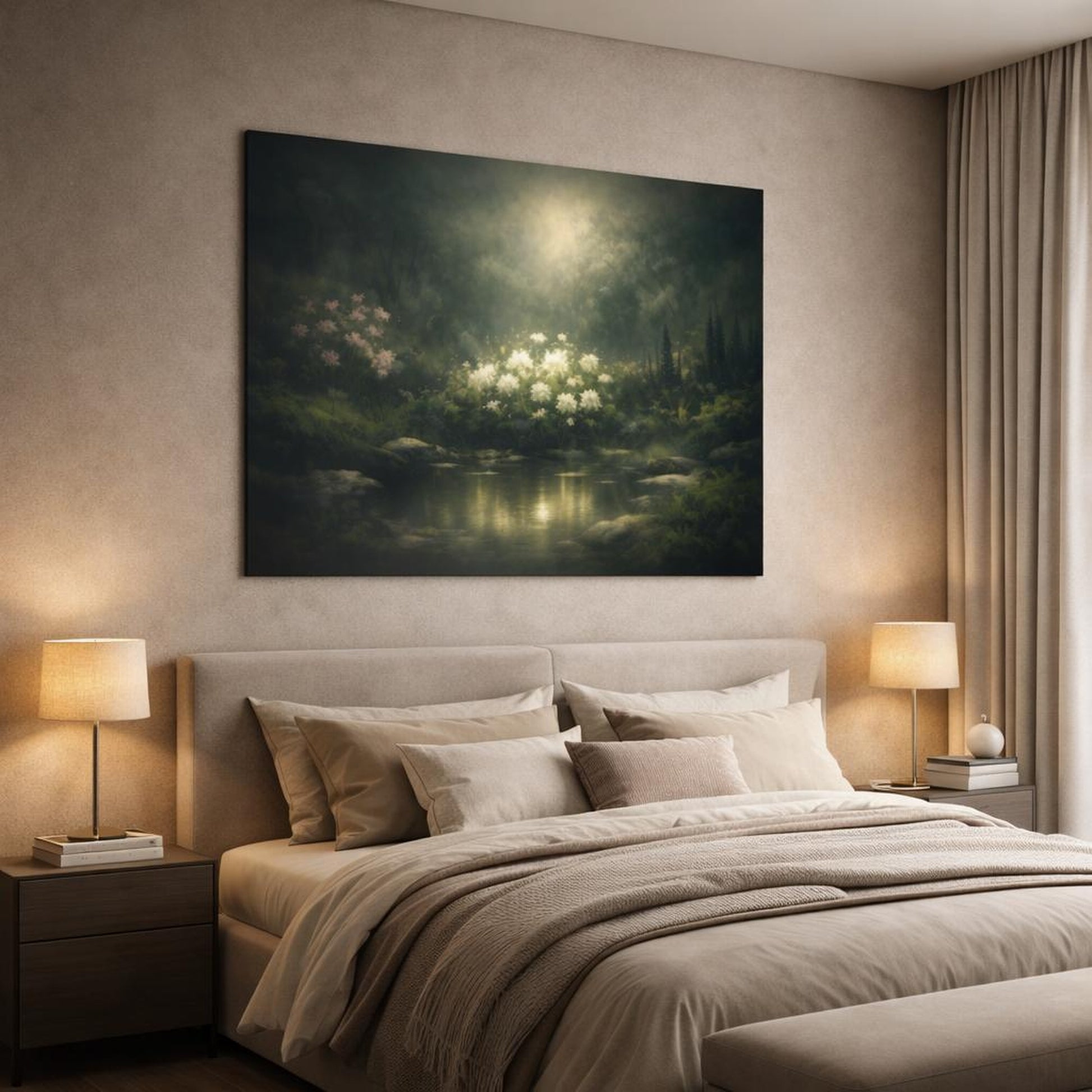 Dark Dramatic Garden Peaceful shown as canvas wall art in a luxury bedroom