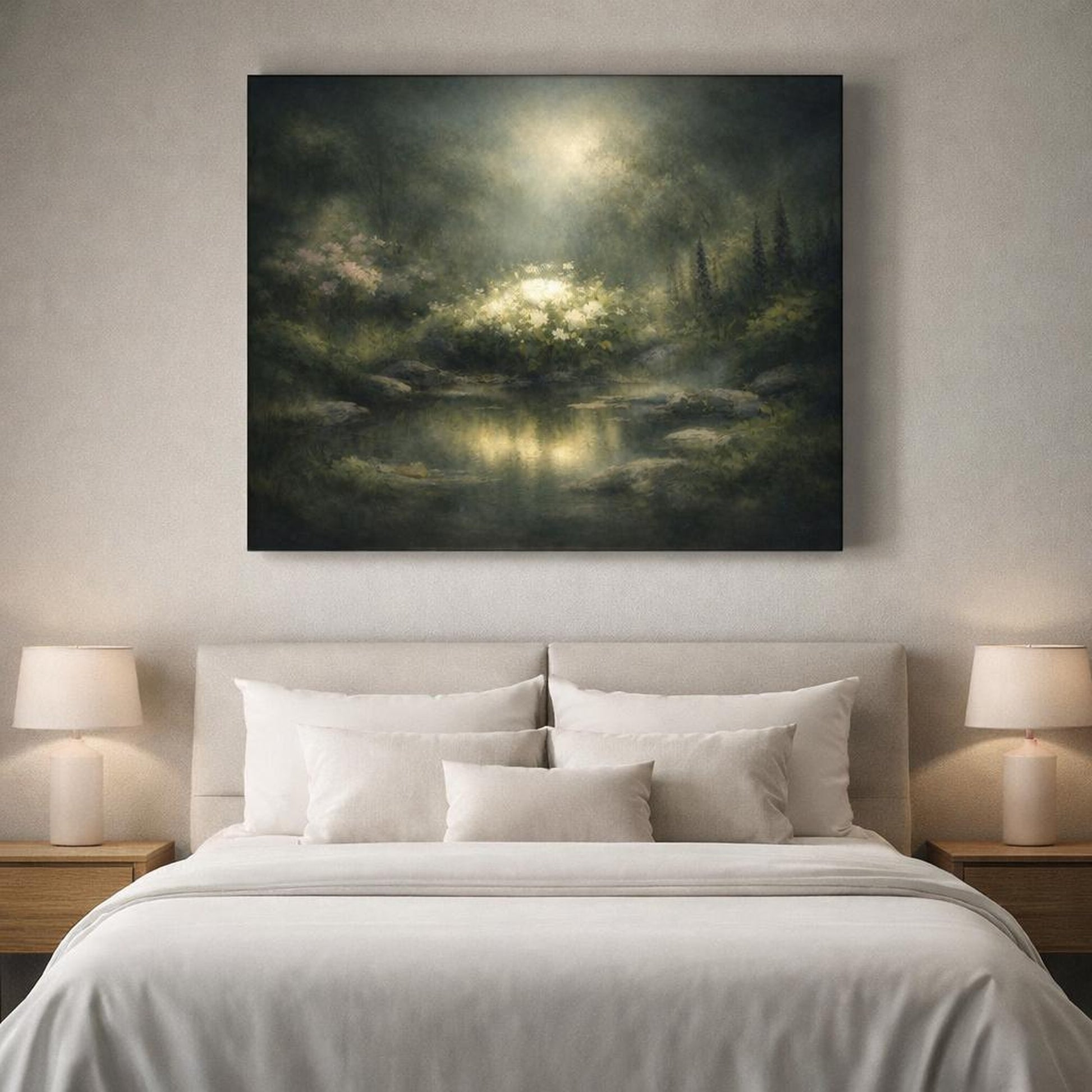 Dark Dramatic Garden Peaceful shown as canvas wall art in a luxury executive office