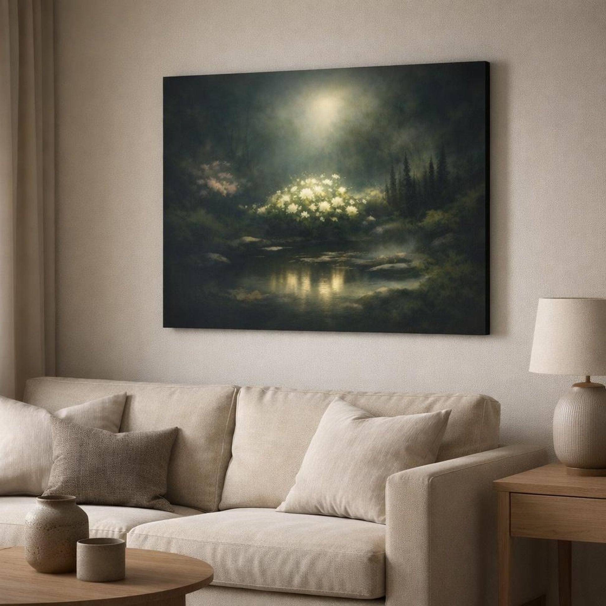 Dark Dramatic Garden Peaceful shown as canvas wall art in a modern living room
