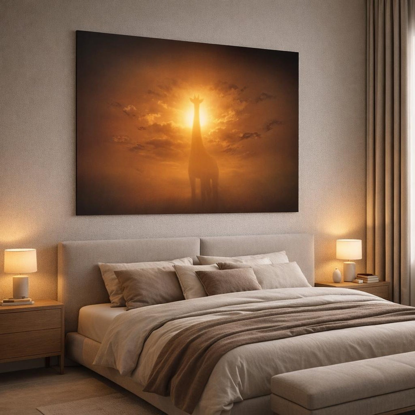 Dark Dramatic Giraffe Silhouette shown as canvas wall art in a luxury bedroom