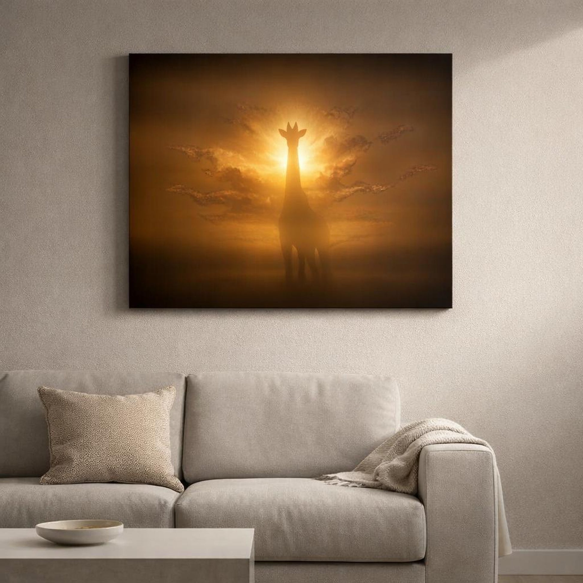 Dark Dramatic Giraffe Silhouette shown as canvas wall art in a luxury executive office