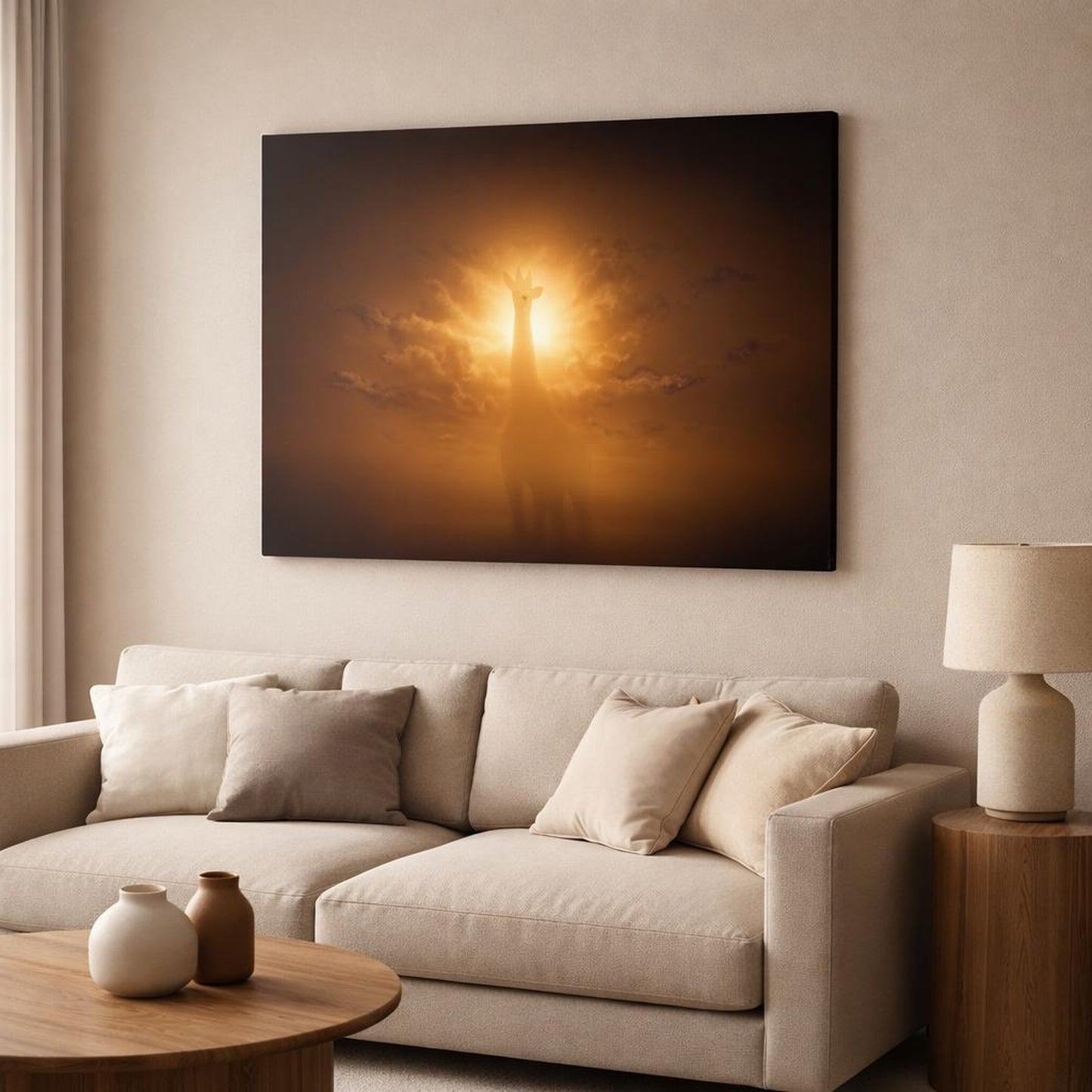 Dark Dramatic Giraffe Silhouette shown as canvas wall art in a modern living room