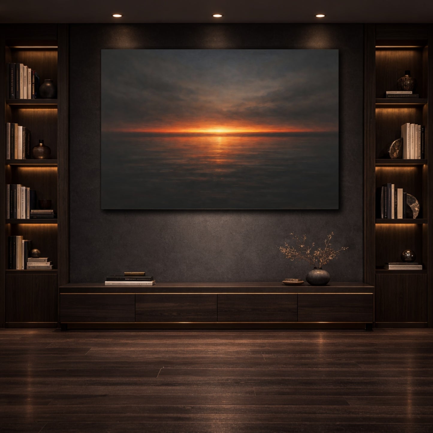 Mockup 3. Dark Dramatic Minimal Color Horizon Band shown as stretched canvas wall art
