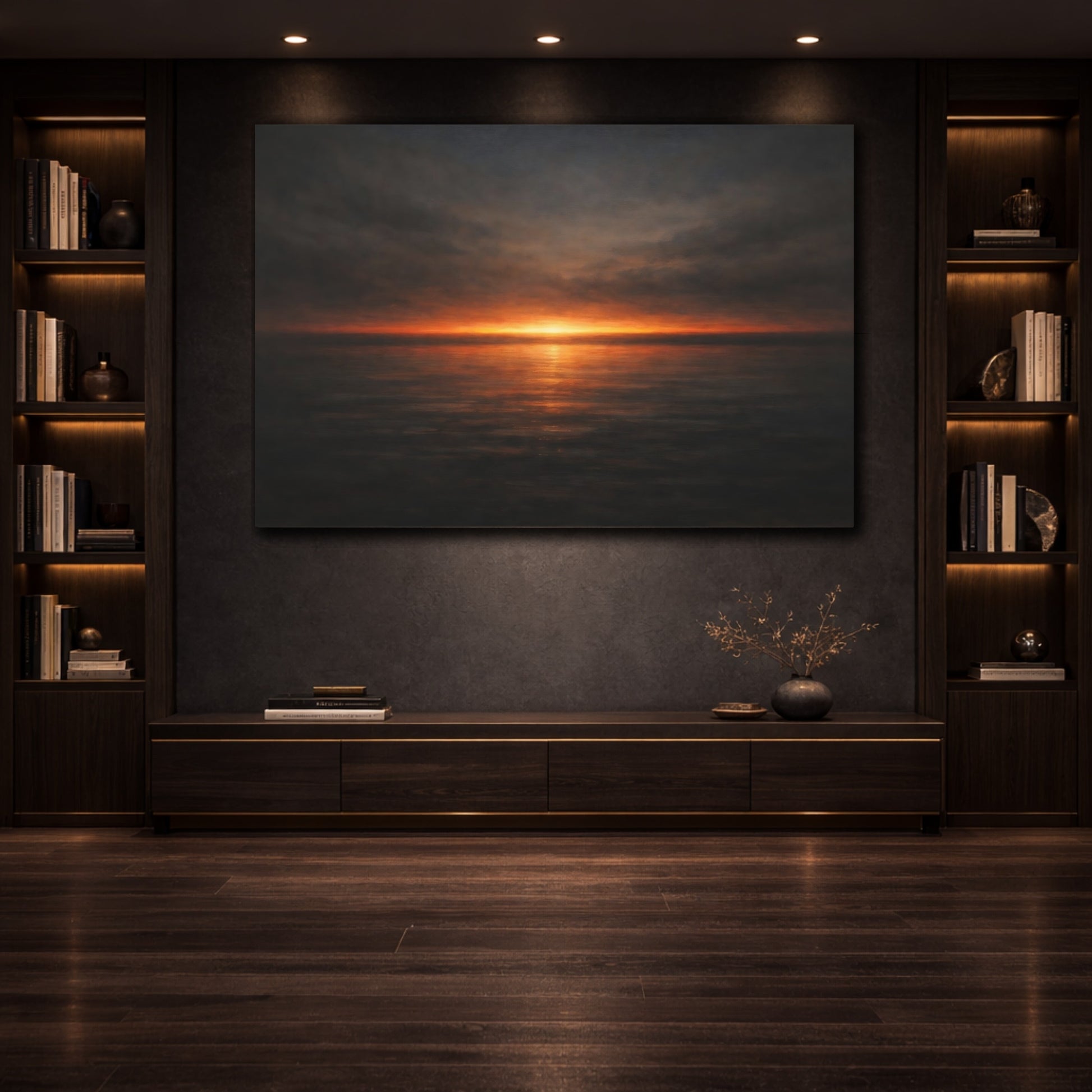 Mockup 3. Dark Dramatic Minimal Color Horizon Band shown as stretched canvas wall art