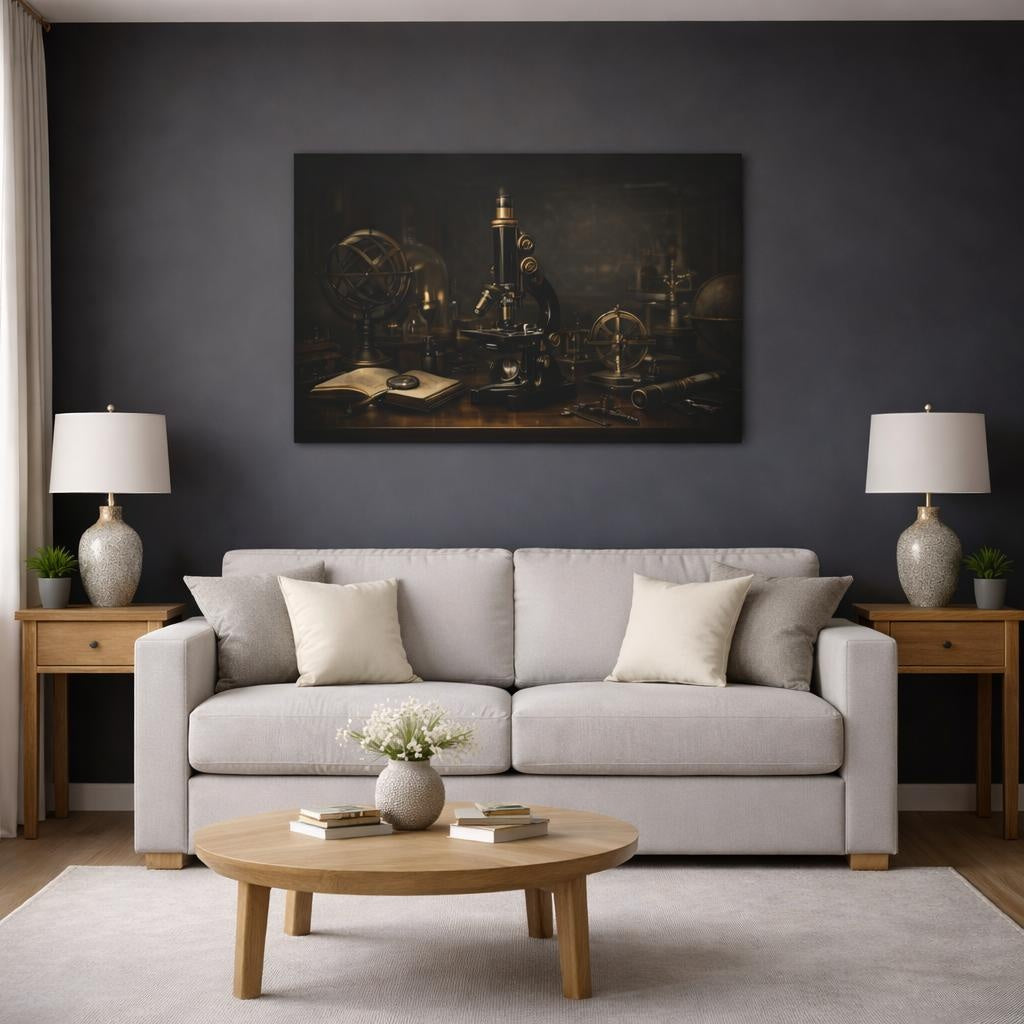 Dark Dramatic Scientific Instruments shown as canvas wall art in a modern living room