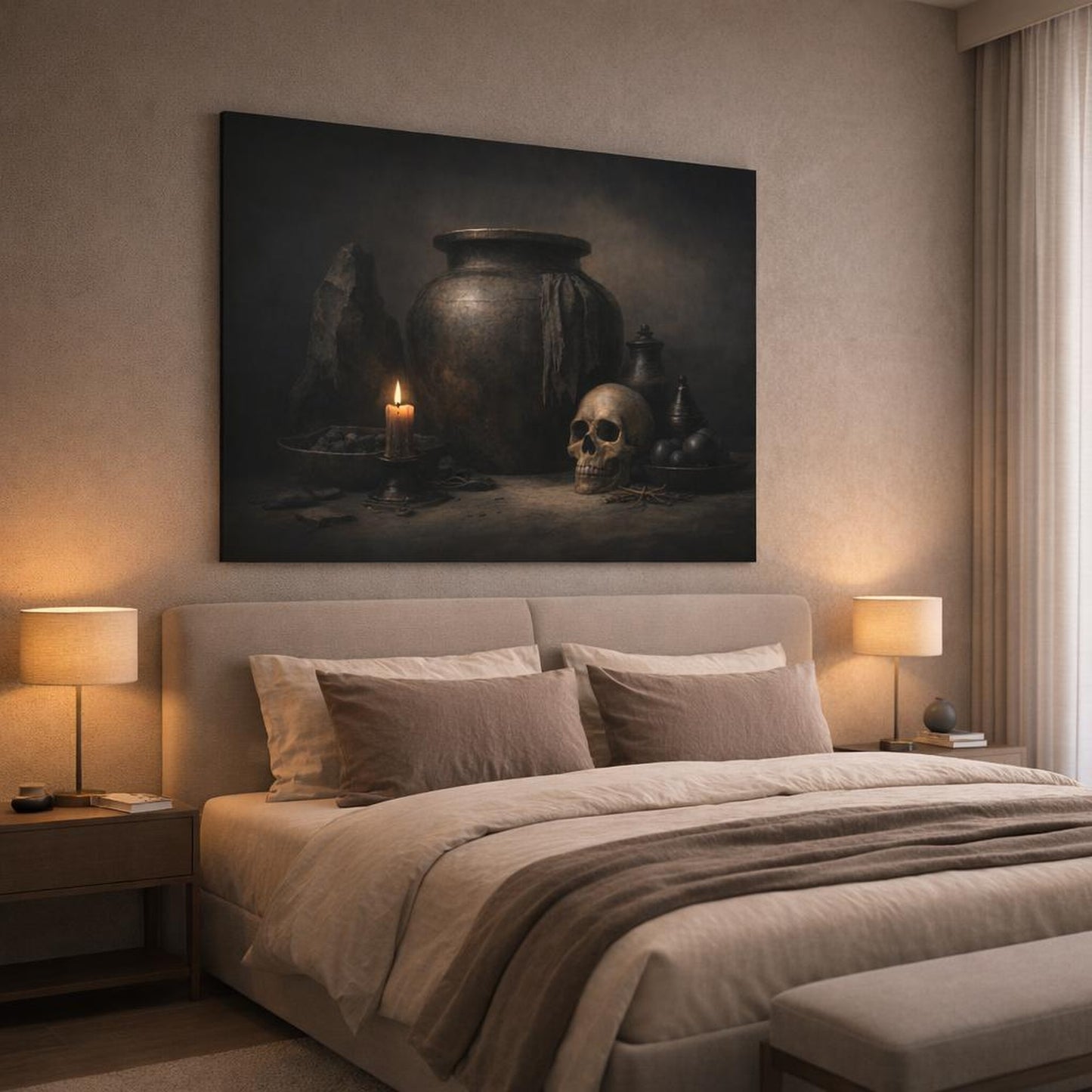 Dark Dramatic Sculptural Objects shown as canvas wall art in a luxury bedroom