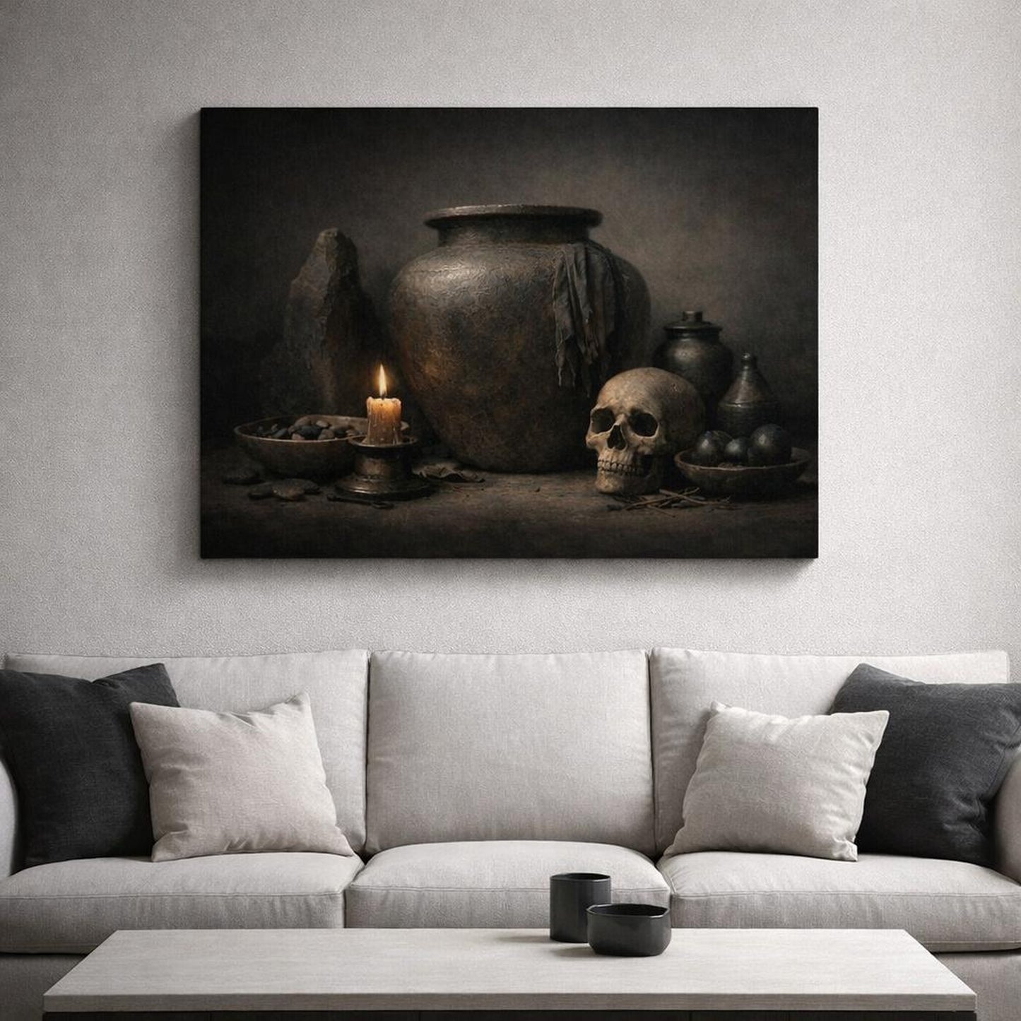 Dark Dramatic Sculptural Objects shown as canvas wall art in a luxury executive office