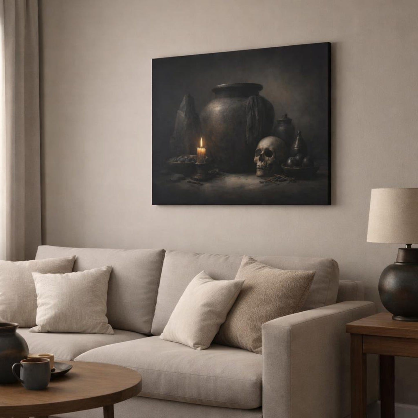 Dark Dramatic Sculptural Objects shown as canvas wall art in a modern living room