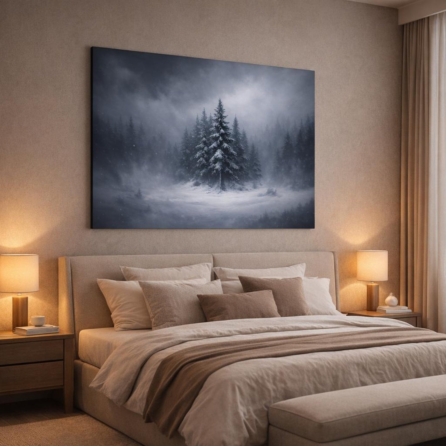 Dark Dramatic Snowy Trees shown as canvas wall art in a luxury bedroom