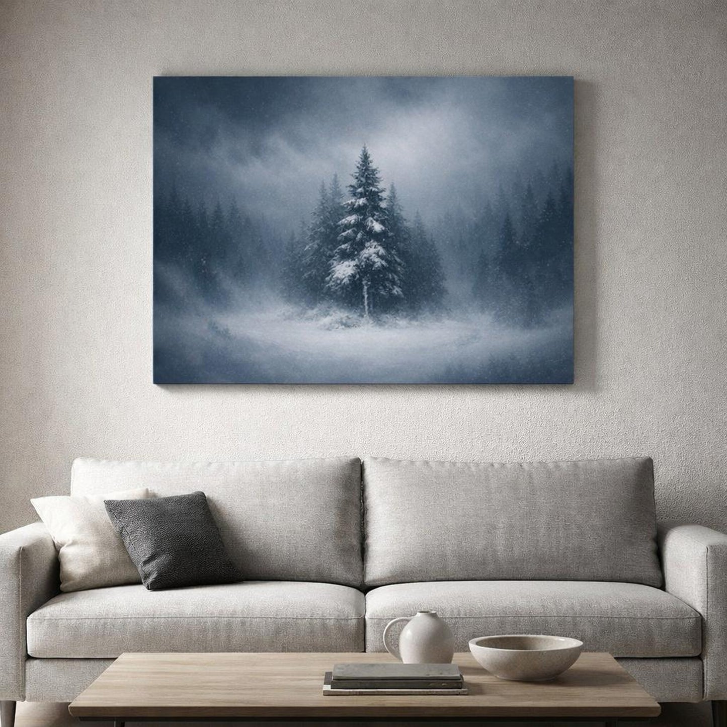 Dark Dramatic Snowy Trees shown as canvas wall art in a luxury executive office