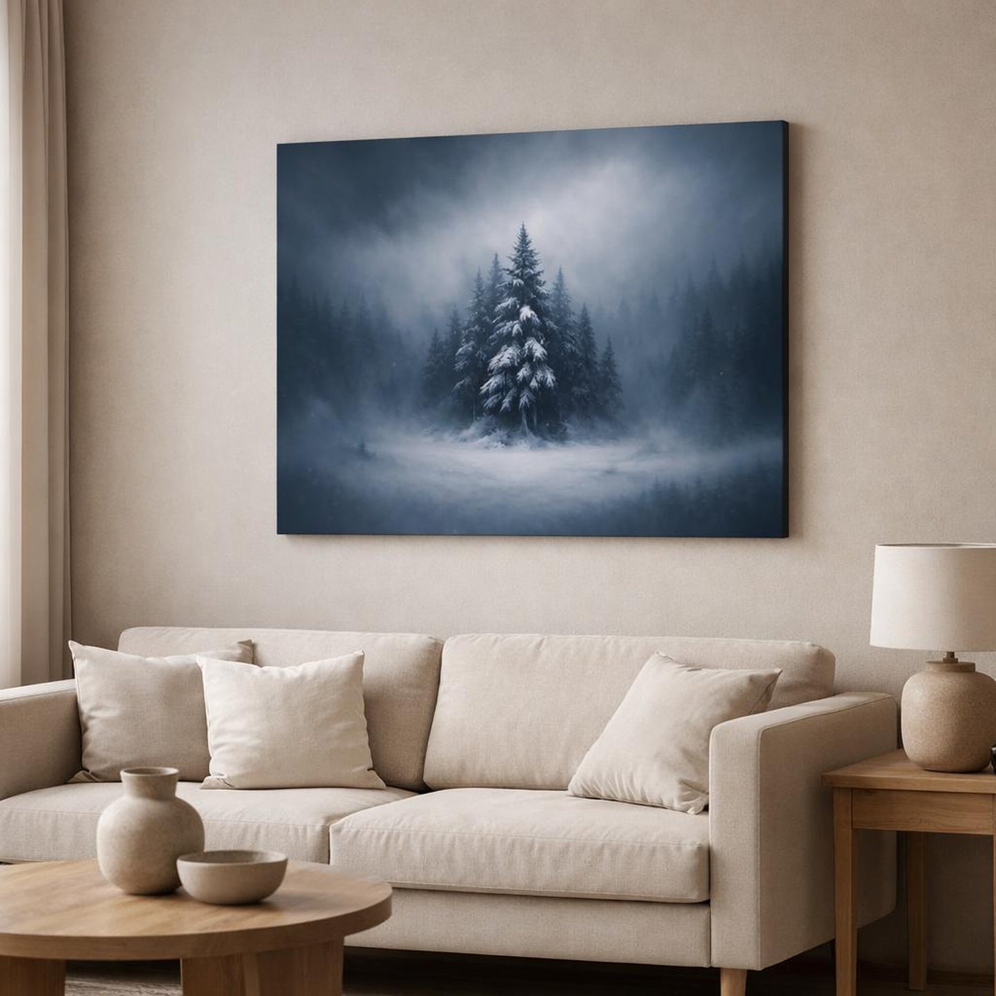 Dark Dramatic Snowy Trees shown as canvas wall art in a modern living room
