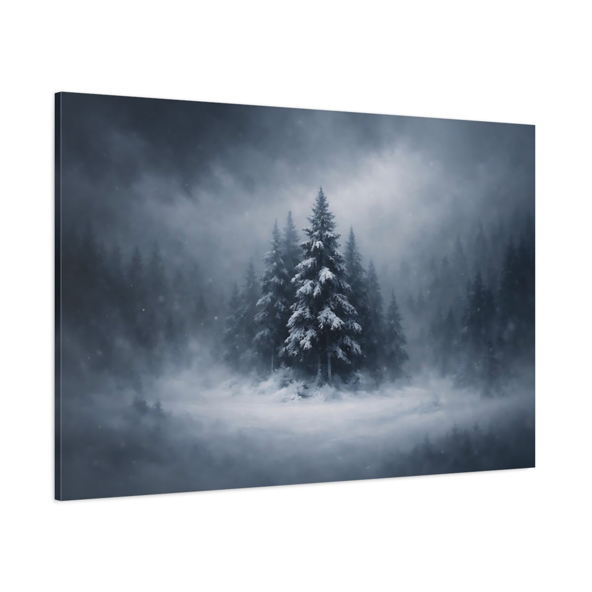 Dark Dramatic Snowy Trees shown as stretched canvas wall art