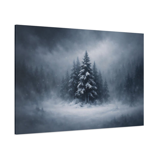 Dark Dramatic Snowy Trees shown as stretched canvas wall art