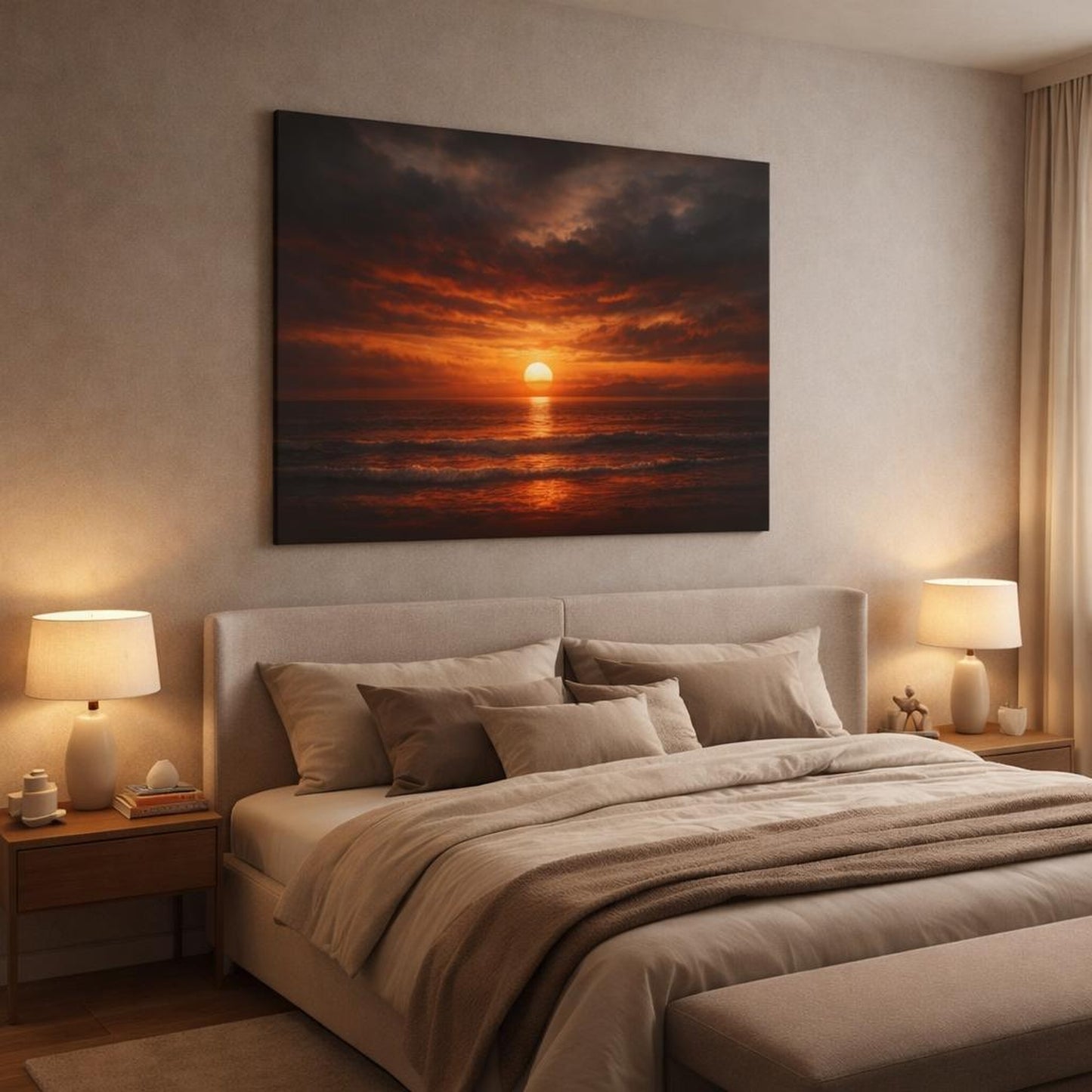 Dark Dramatic Sunset shown as canvas wall art in a luxury bedroom