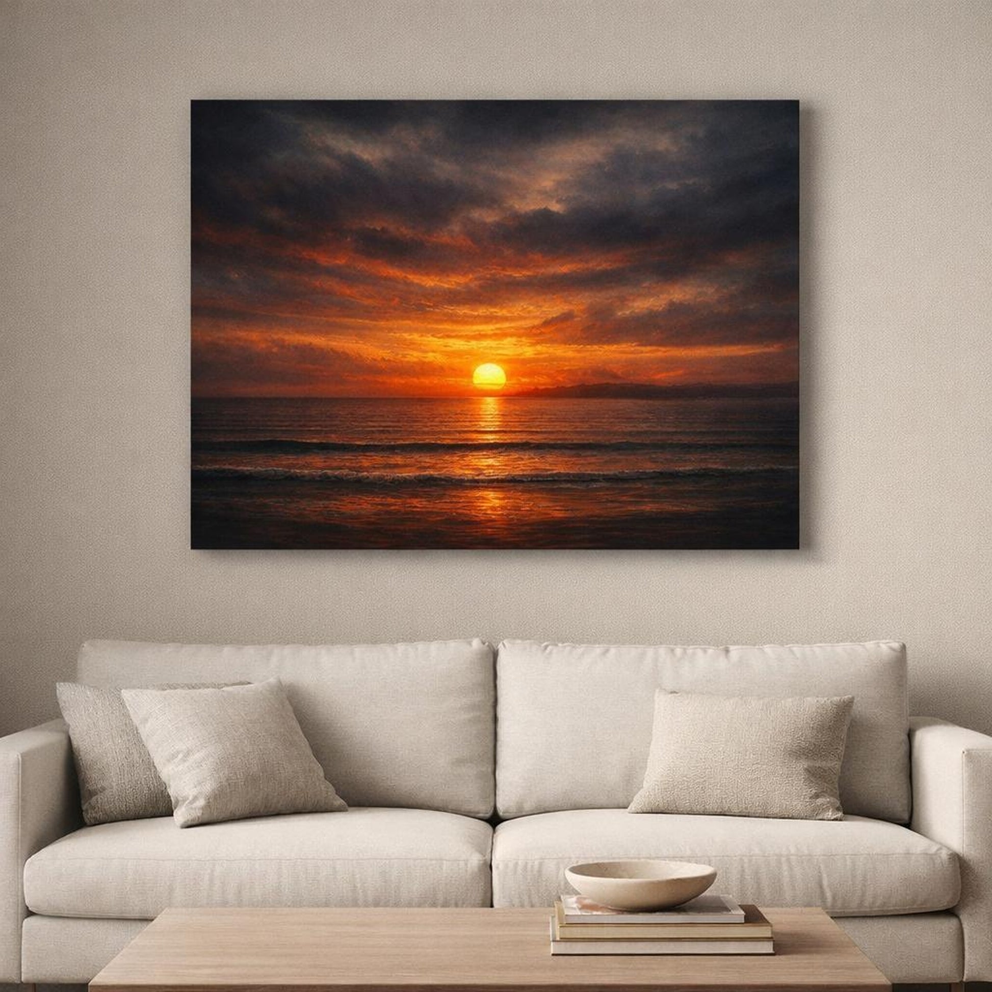 Dark Dramatic Sunset shown as canvas wall art in a luxury executive office