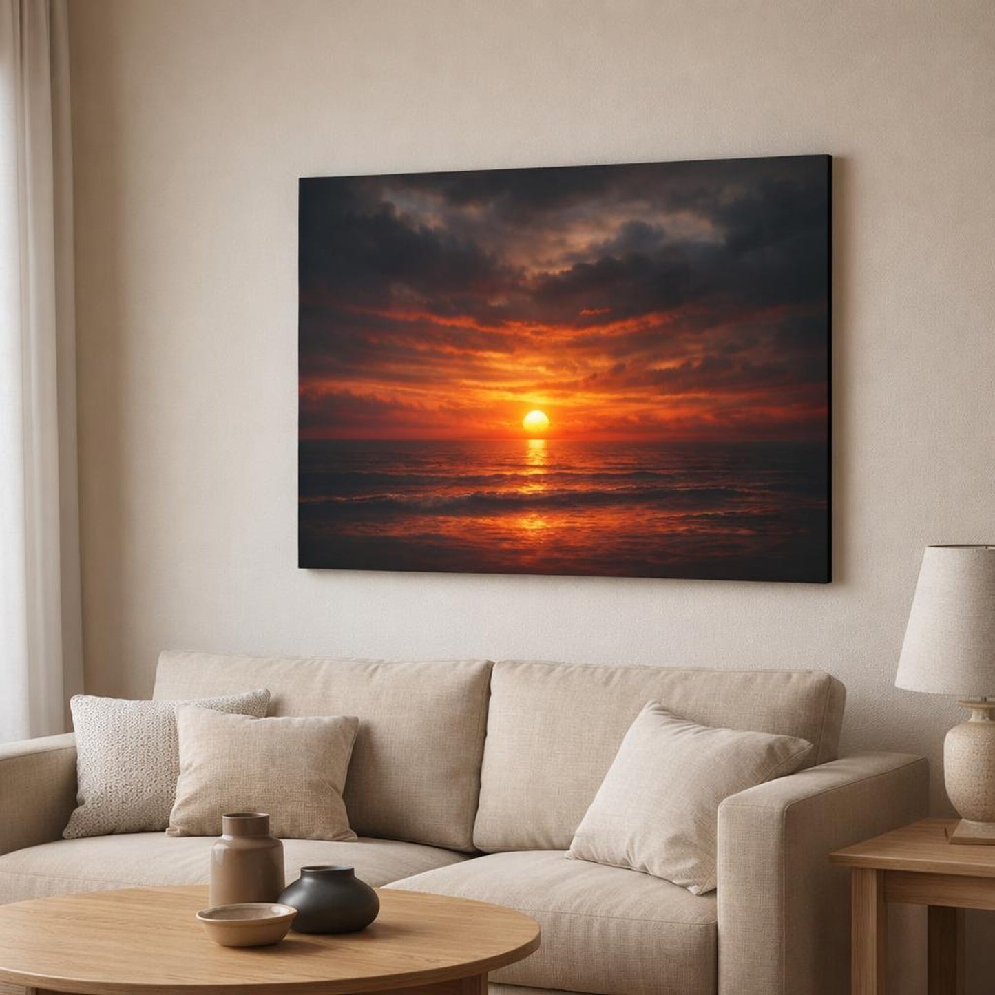 Dark Dramatic Sunset shown as canvas wall art in a modern living room