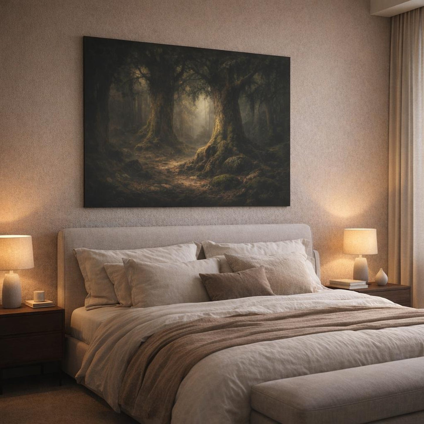 Dark Dramatic Trees Woodland shown as canvas wall art in a luxury bedroom