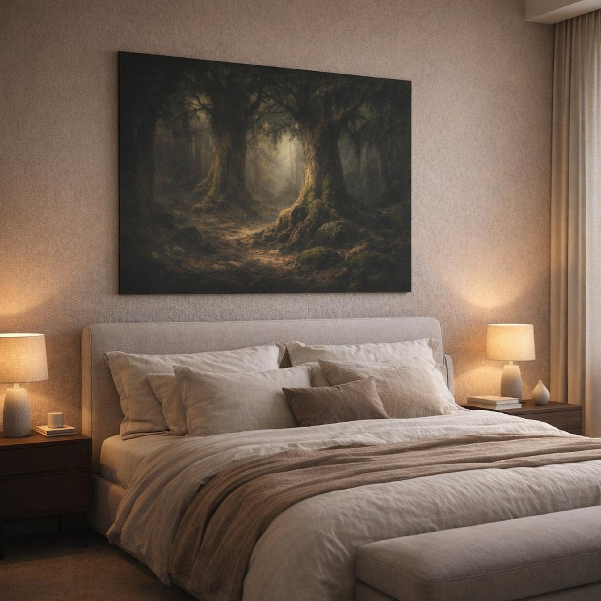 Dark Dramatic Trees Woodland shown as canvas wall art in a luxury bedroom