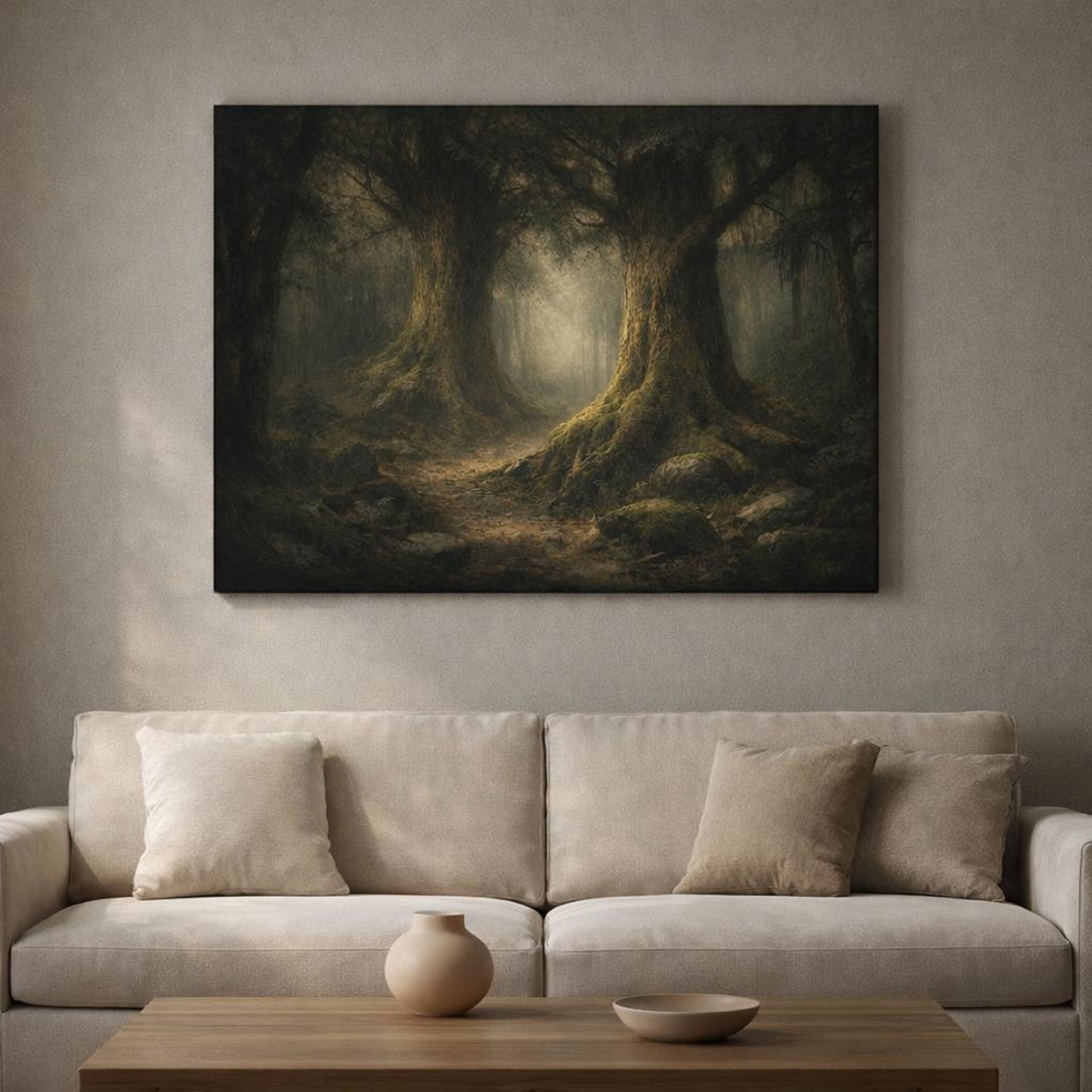 Dark Dramatic Trees Woodland shown as canvas wall art in a luxury executive office