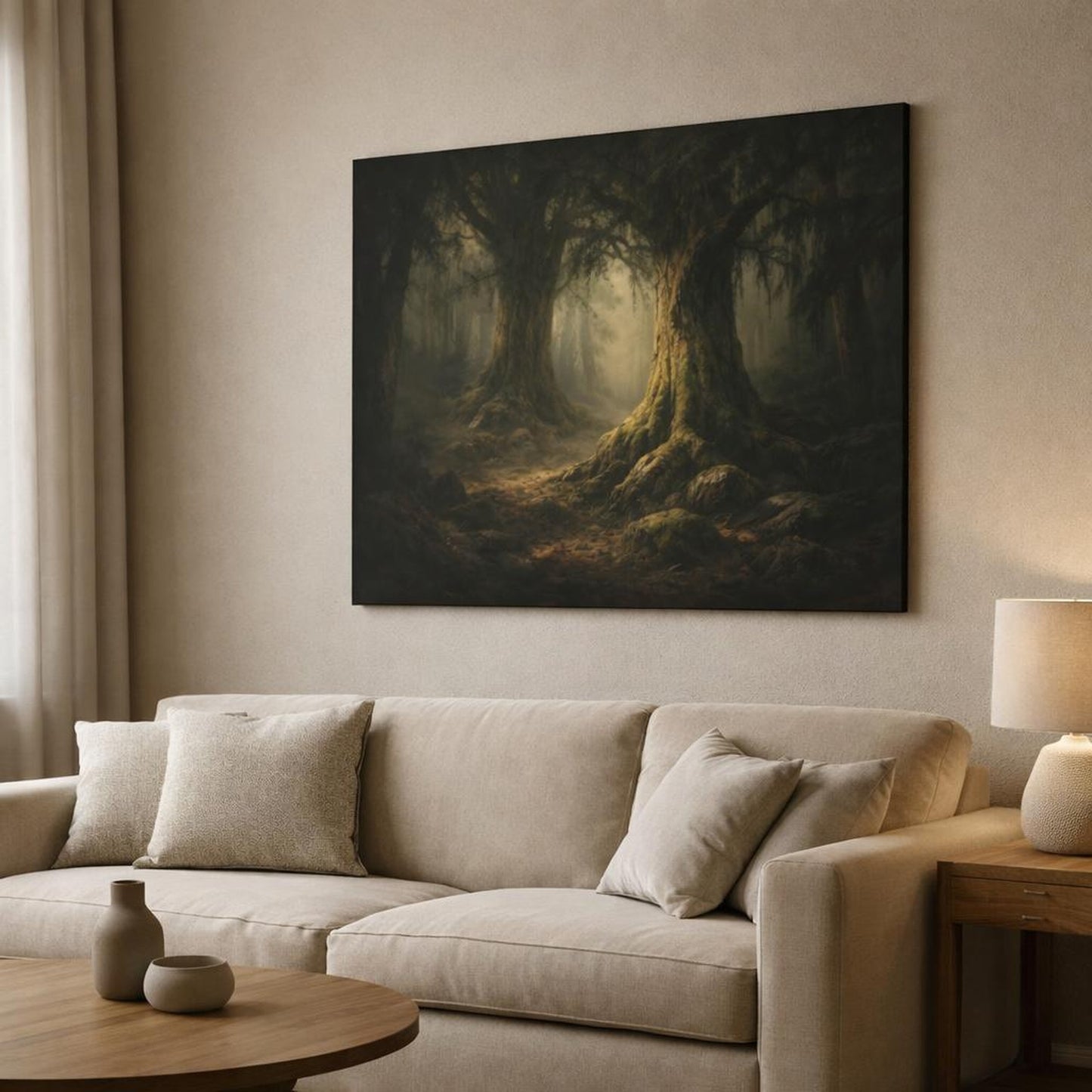 Dark Dramatic Trees Woodland shown as canvas wall art in a modern living room