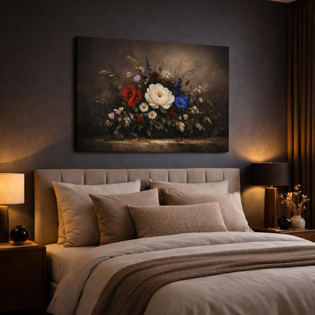 Dark Dramatic Wildflowers Romantic shown as canvas wall art in a luxury bedroom