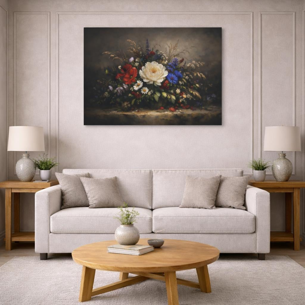 Dark Dramatic Wildflowers Romantic shown as canvas wall art in a modern living room