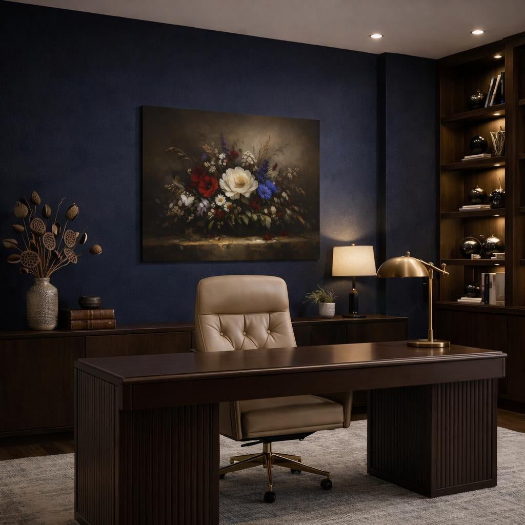 Dark Dramatic Wildflowers Romantic shown as canvas wall art in a luxury executive office