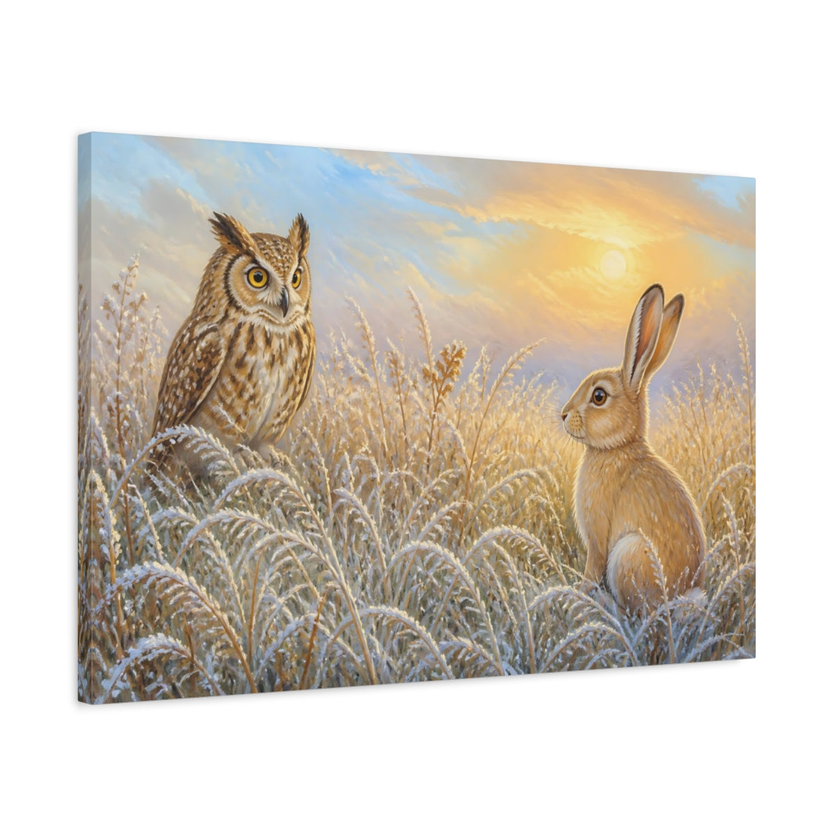 Side Mockup 2. Dawn Meeting Owl And Hare shown as canvas print