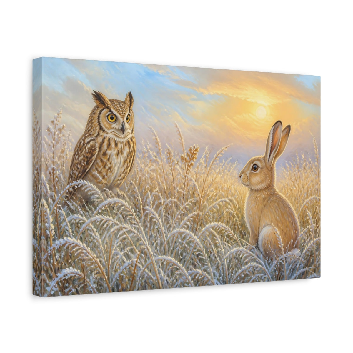 Side Mockup 4. Dawn Meeting Owl And Hare shown as canvas print