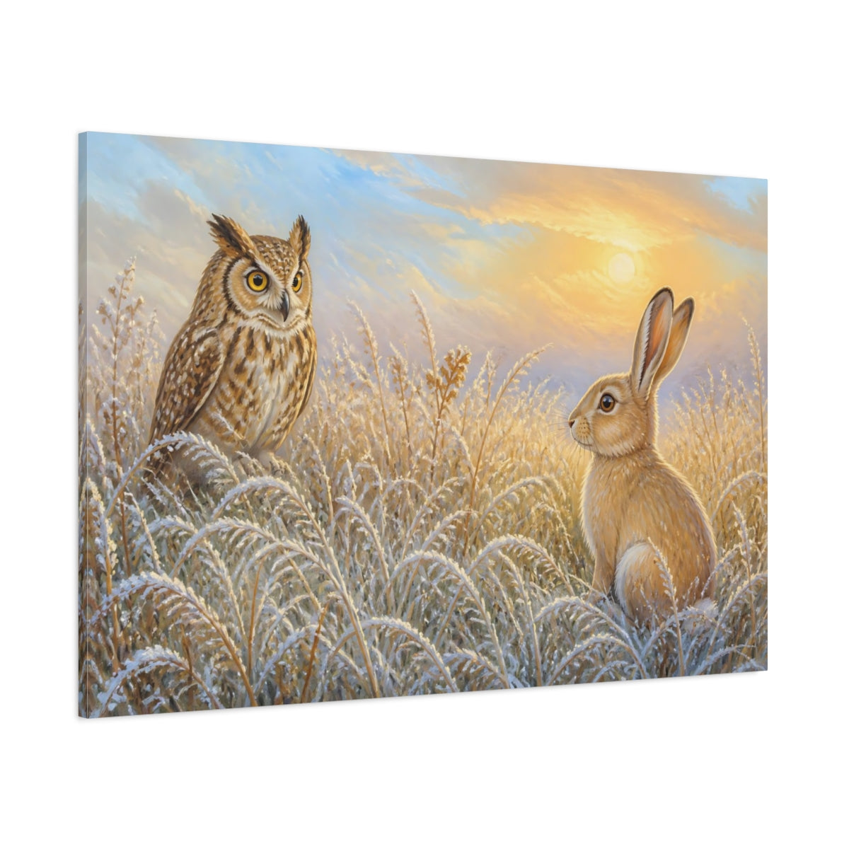 Side Mockup 1. Dawn Meeting Owl And Hare shown as canvas print