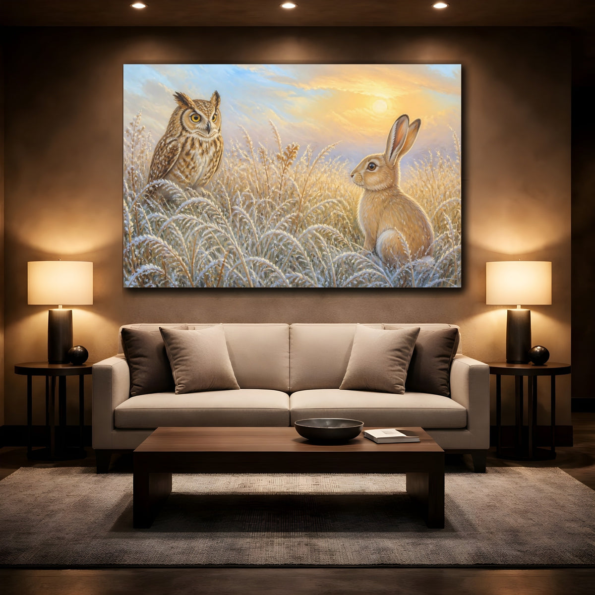 Mockup 2. Dawn Meeting Owl And Hare shown as canvas print