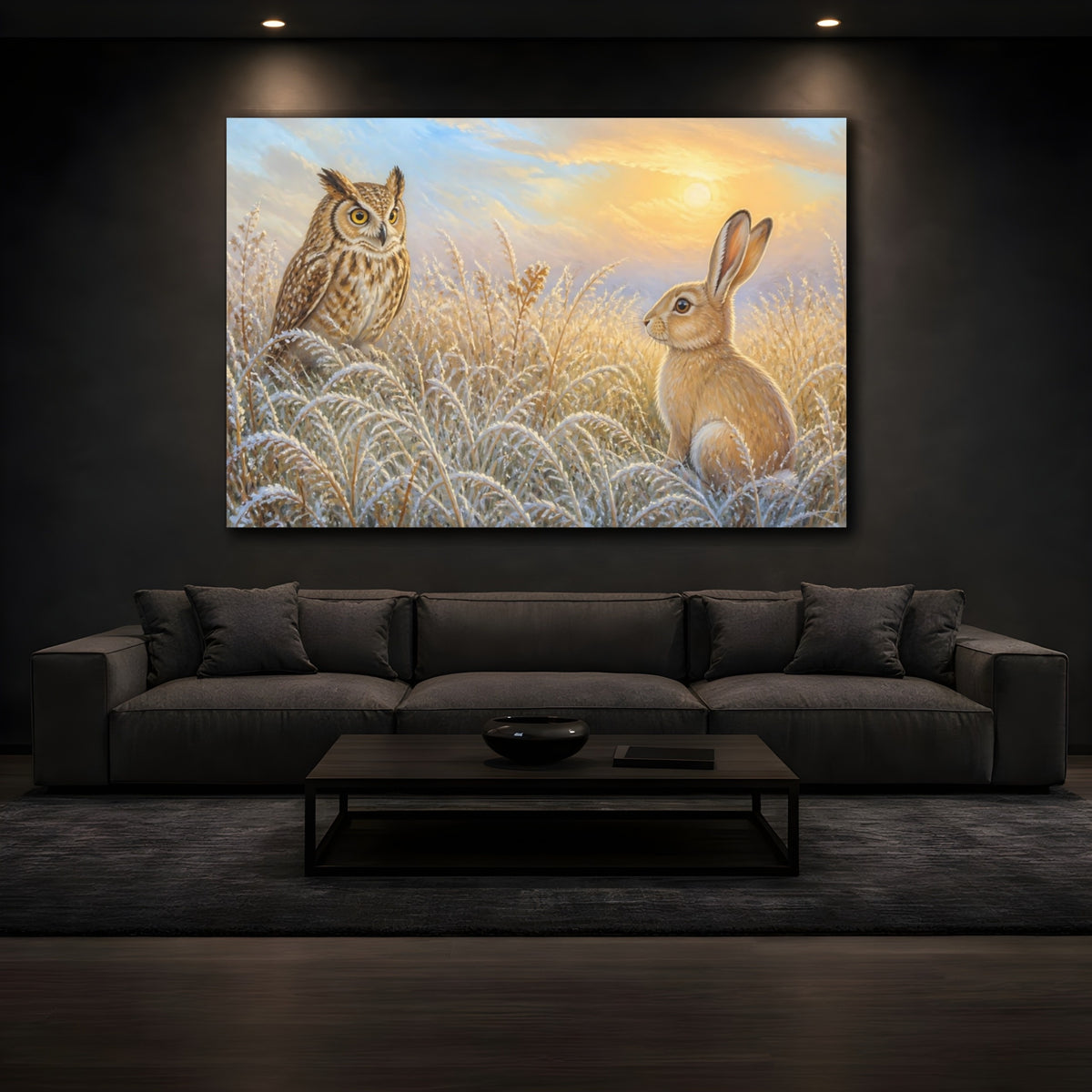 Mockup 3. Dawn Meeting Owl And Hare shown as canvas print