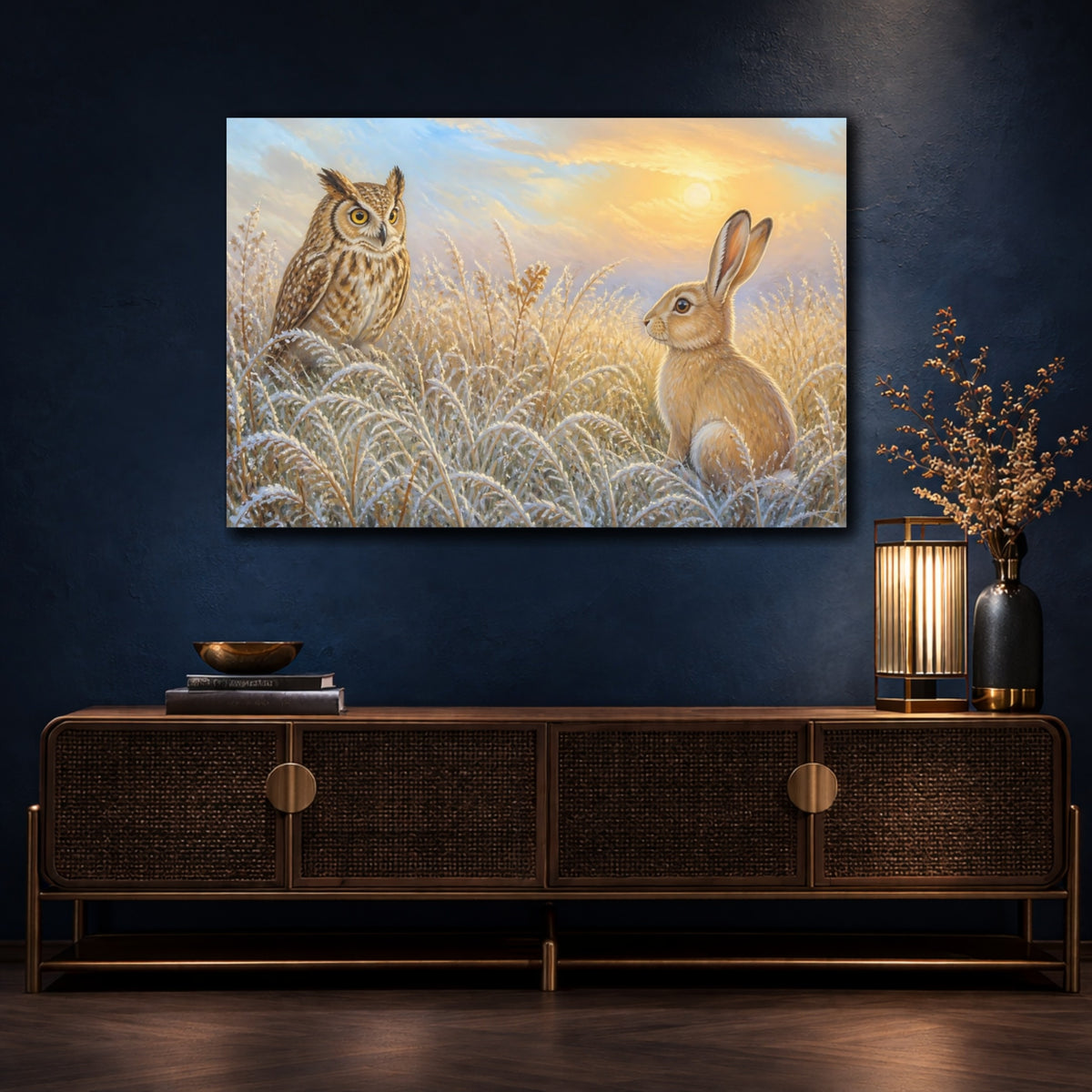 Mockup 4. Dawn Meeting Owl And Hare shown as canvas print