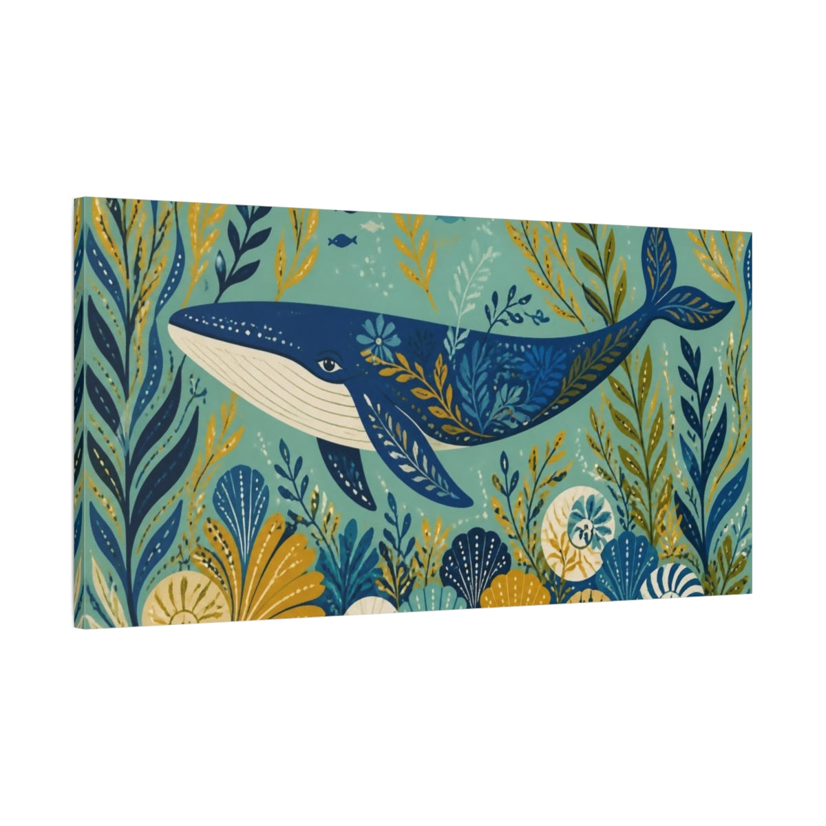 Main Mockup. Decorative Blue Whale shown as canvas print