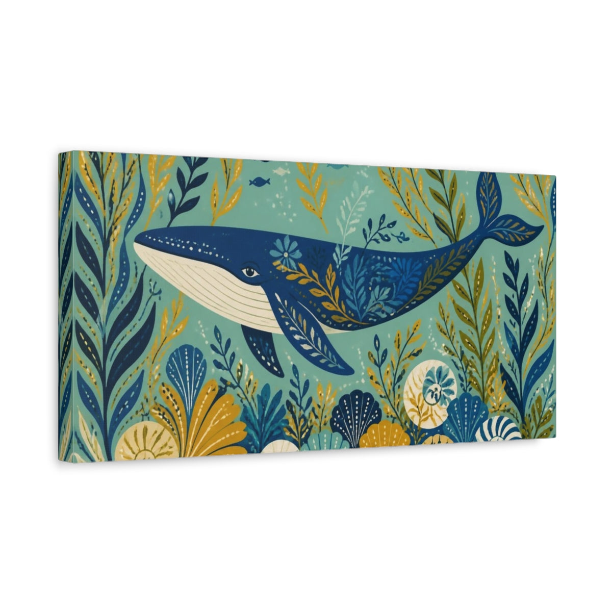 Side Mockup 3. Decorative Blue Whale shown as canvas print