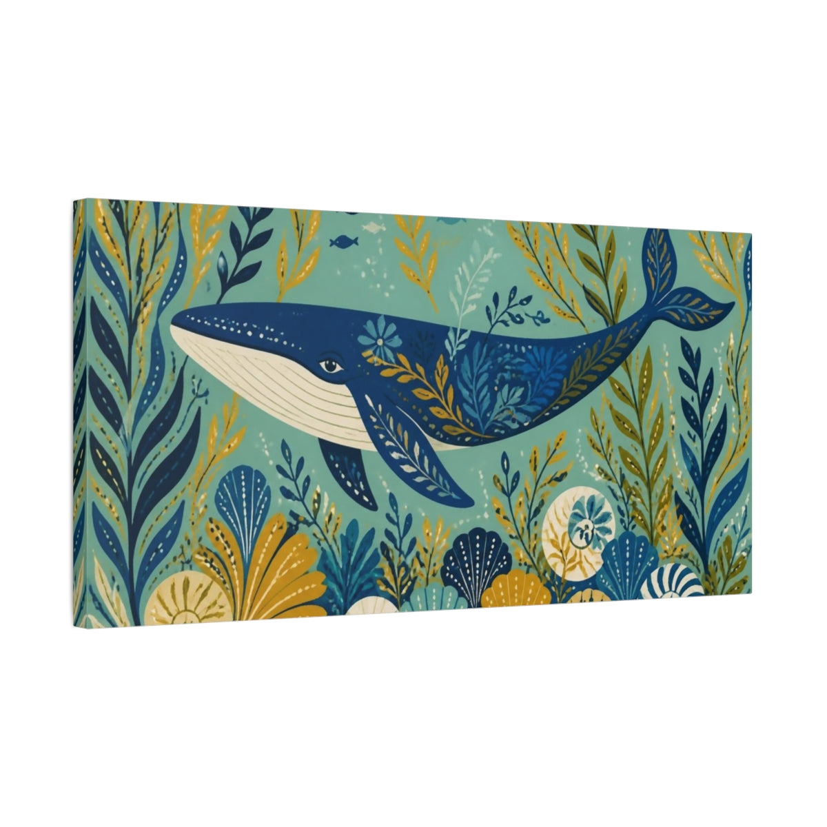 Side Mockup 1. Decorative Blue Whale shown as canvas print