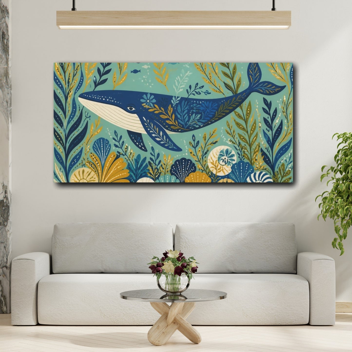 Mockup 2. Decorative Blue Whale shown as canvas print